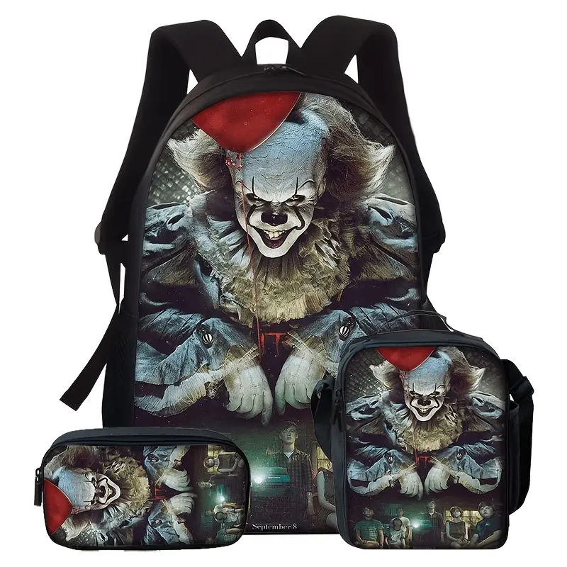 Durable Water Resistant 3-Piece Backpack Set for Horror Movie Fans, Lightweight School Bag with Lunch Box, Dark Vintage Pennywise It Clown Red Balloon Horror Print, Includes Large Rucksack, Thermal Lunch Tote & Stationery Pouch