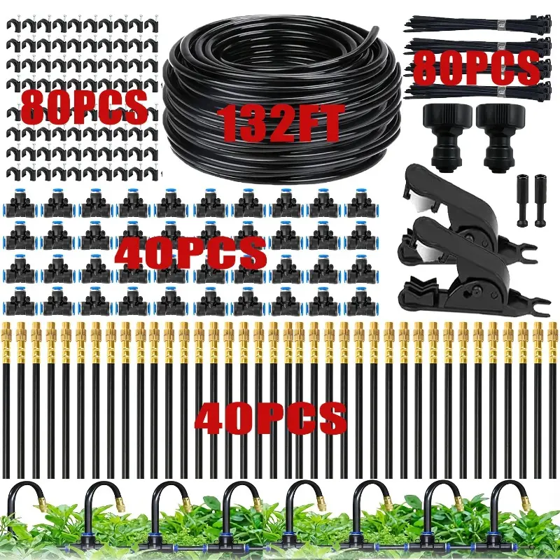 132ft 2026-Upgrade Outdoor Drip Irrigation Set, Adjustable Hose Watering Equipment with 360° Nozzles, Sprinkling Hose System, 40pcs T-Connectors, Garden Water Connectors for Gardens, Lawns, 1Set