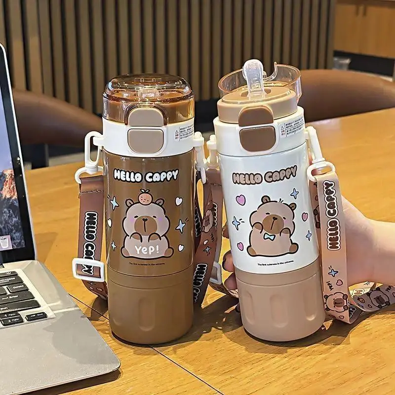 Capybara-Themed 480ml Stainless Steel Insulated Water Bottle for Kids, Cute Portable Water Bottle with Double Lid, Adjustable Strap (Toys & Hobbies Novelty Accessory), Water Bottles