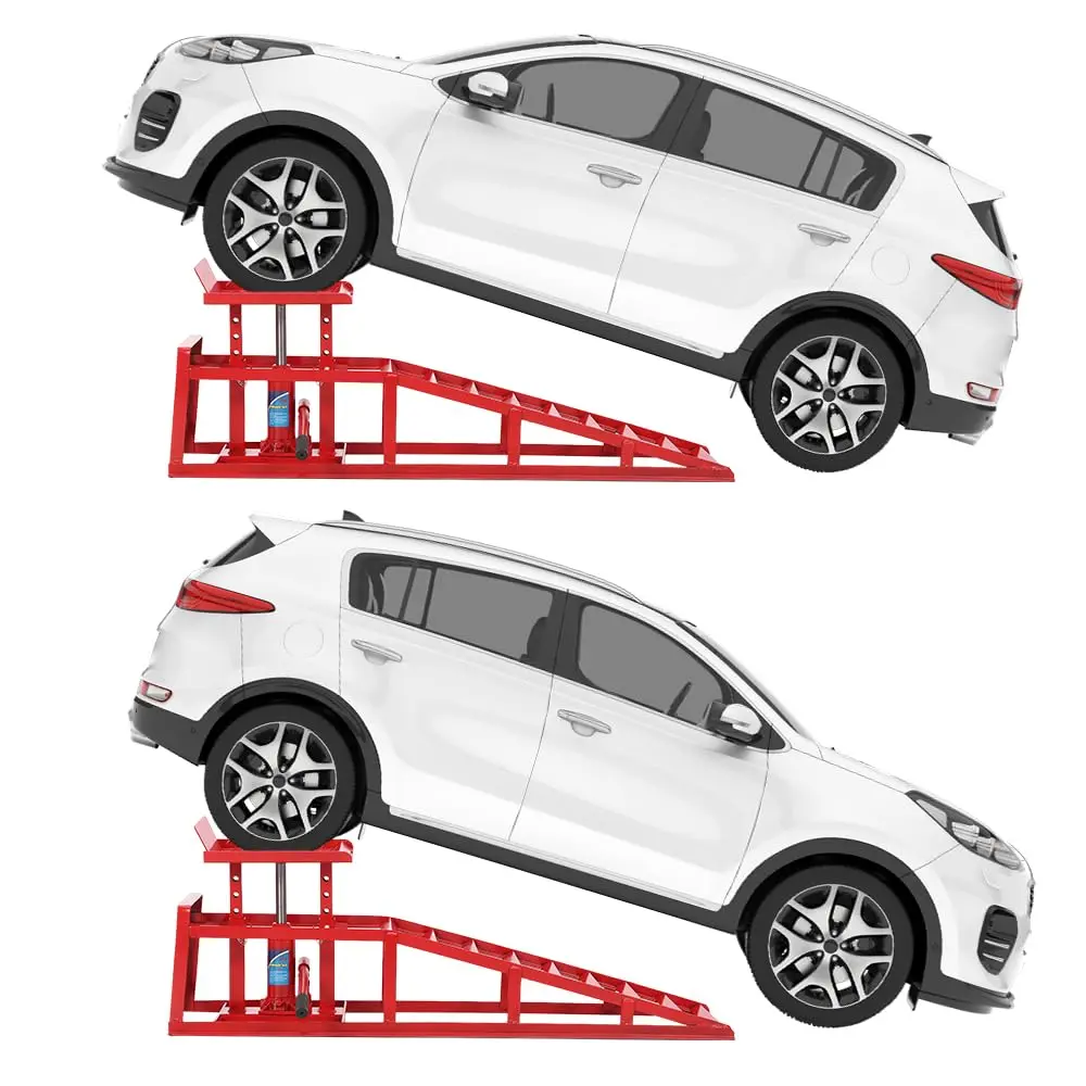 Hosslly Low Profile Hydraulic Car & Truck Service Ramps 2-Pack - 5 T Capacity, 9.8" to 16.2" Adjustable Height, Anti-Slip Serrated Platform, Reflective Safety Strips, Reinforced Steel for Oil Changes, Repairs, SUV, Pickup, Garage Use
