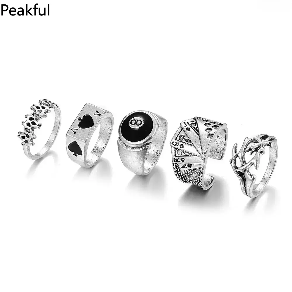 5Pc Gothic Punk Stackable Ring Set for Men & Women, Vintage Ace of Spades 8 Ball Playing Cards Rings, Y2K Emo Jewelry for Daily Grunge & Party Nights, Adjustable Open Fit.
