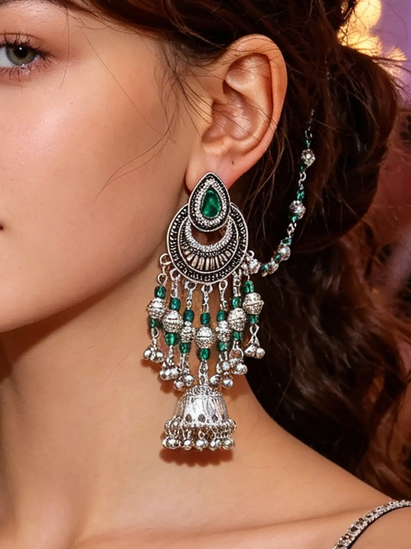 Vintage Silver Indian Jhumka Earrings with Hair Chain for Women, Green Stone Crescent Drop Bell Tassel Earrings, Unique Design Earrings, Boho Gypsy Bollywood Tribal Festival Fashion Jewelry Pack