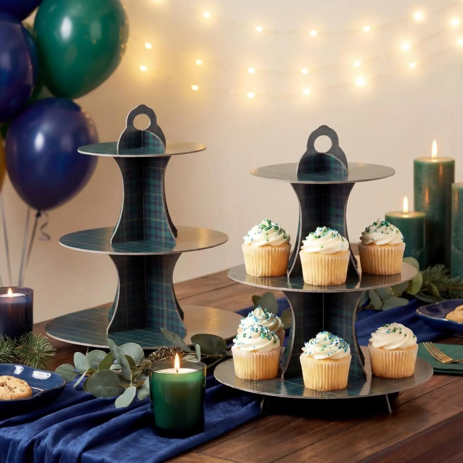 Willinglong 2-Pcs Green Blue Tartan Plaid Party Decor Flat Pack 3-Tier Tiered Cake Style Cupcake Stands, Easy-Assembly Cardboard Display Cakes Tower with Handle for Baby Shower, Birthday Party Dessert Table, Birthday Ideas, Two Stands