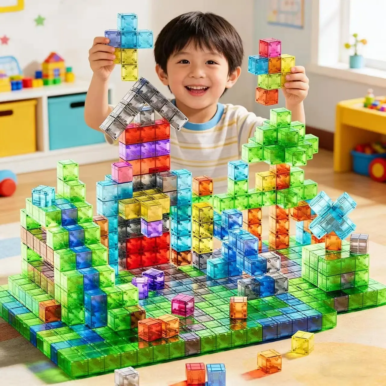 Transparent Colorful Magnetic Blocks Toy, Kids Educational Puzzle, 360° Strong Magnet, Safe Rounded Edges, Ideal for Early Learning & Gifts