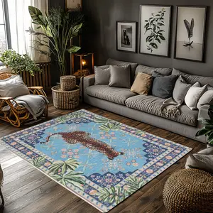 Blue Leopard Tropical Flannel Area Rug #LeopardPrintRug #TropicalFloorMat #BohemianStyleCarpet #FlannelHomeDecor