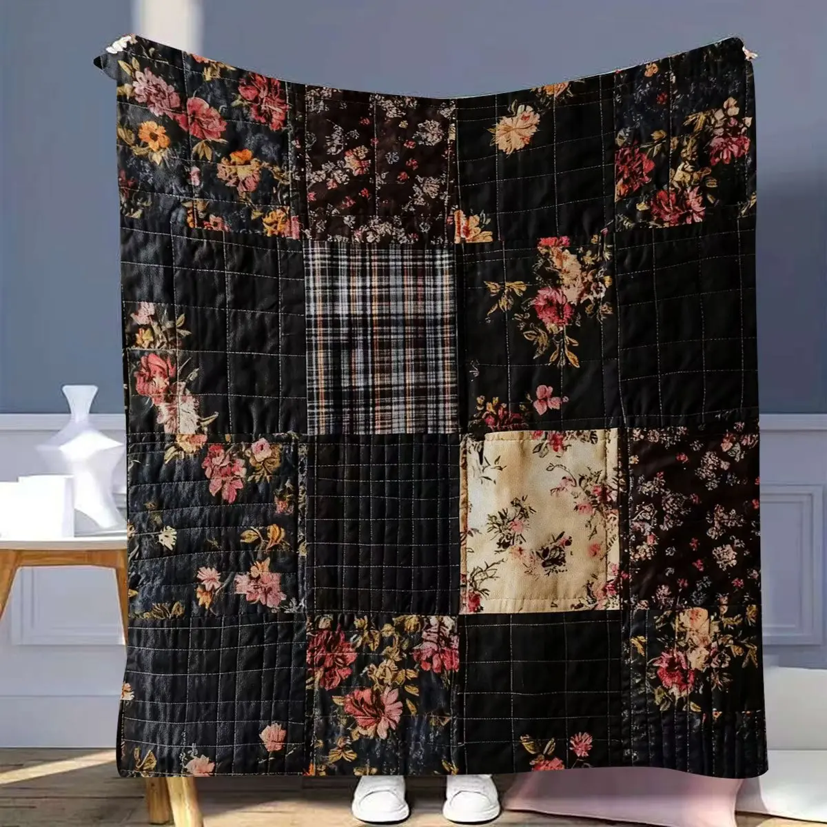 Dark Vintage Floral Plaid Grid Patchwork-style Print Flannel Blanket Soft Plush Warm Throw Blanket, Black Base Moody Retro Flower Check Quilted Decorative Couch Bedroom Nap Blanket, Giftable Gothic Farmhouse Comfort Blanket for All Seasons