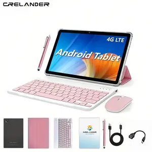 CRELANDER 10.1 Inch Android Learning Tablet, 6(3+3)GB RAM+128GB ROM, 2.4G+5G WIFI, 4G LTE, 5MP+13MP Dual Camera, GPS Includes Case OTG, Keyboard Mouse Pad Set(Pink/Gray)