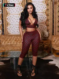 Women's Three-Piece Set, Polka Dot Print Triangle Bra & Slimming Short Sleeve Tee & Tight Cropped Pants, Ideal for Outing and Dating, Sexy Style Outfit, Womenswear