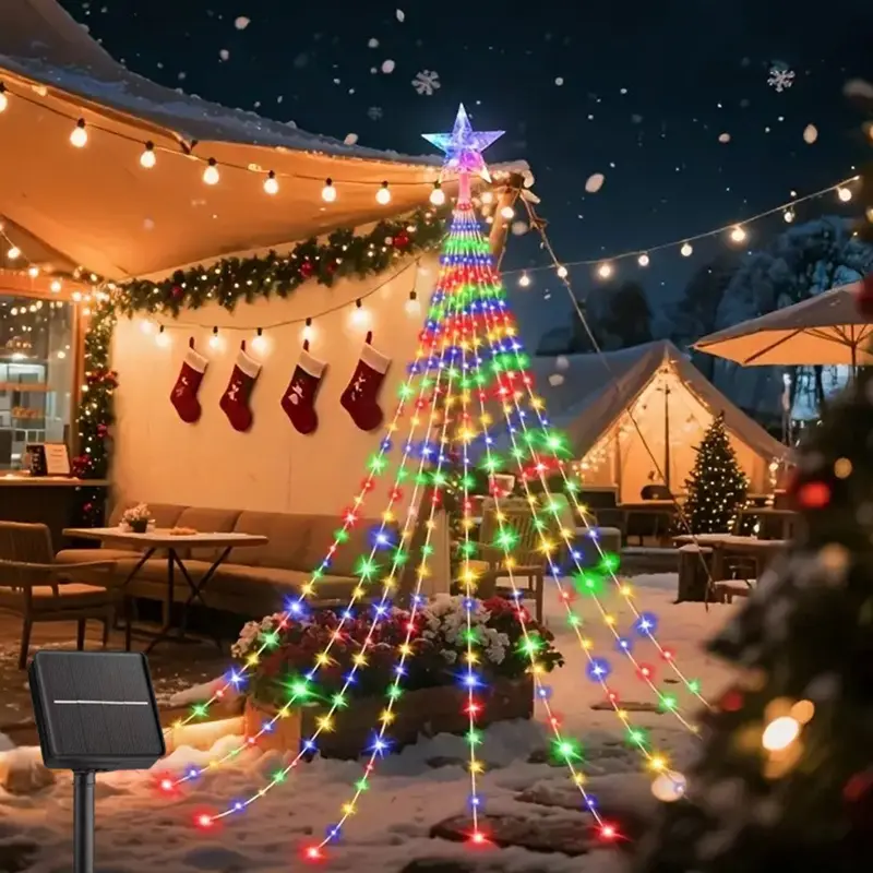 Solar Christmas Waterfall Lights, 200 LED Outdoor Waterproof String Lights, 8 Modes Fairy Lights for Holiday Decorations