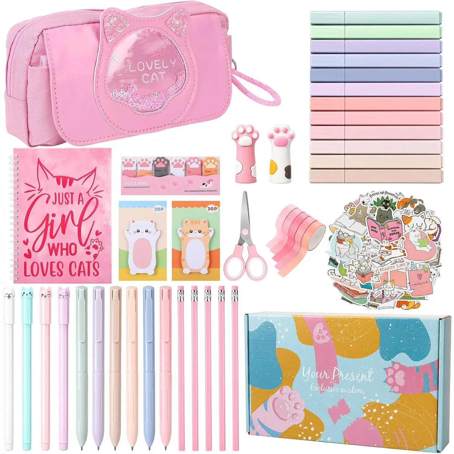 41 count Cute  Stationery Set  School Supplies with Pen Case Kawaii Office Supplies Spiral Notebook Pastel Highlighters Gel Pens Pencils for Students Stationary College Essentials