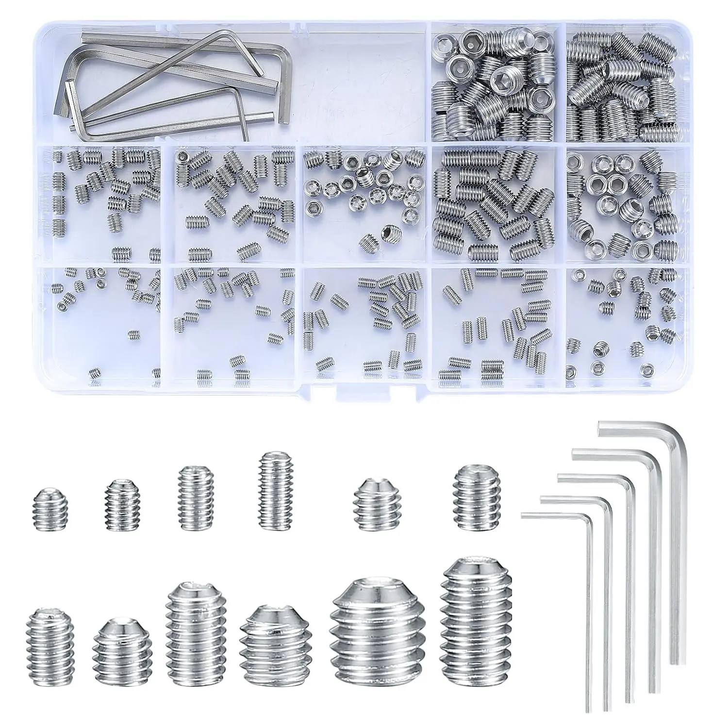 240 count Set Screws  Kit (M3,M4,M5,M6,M8) with Allen  | 304 Stainless Steel for Bathroom Fixtures, Light Fixture Screws, Door Knobs, Faucets, Plumbing, and
