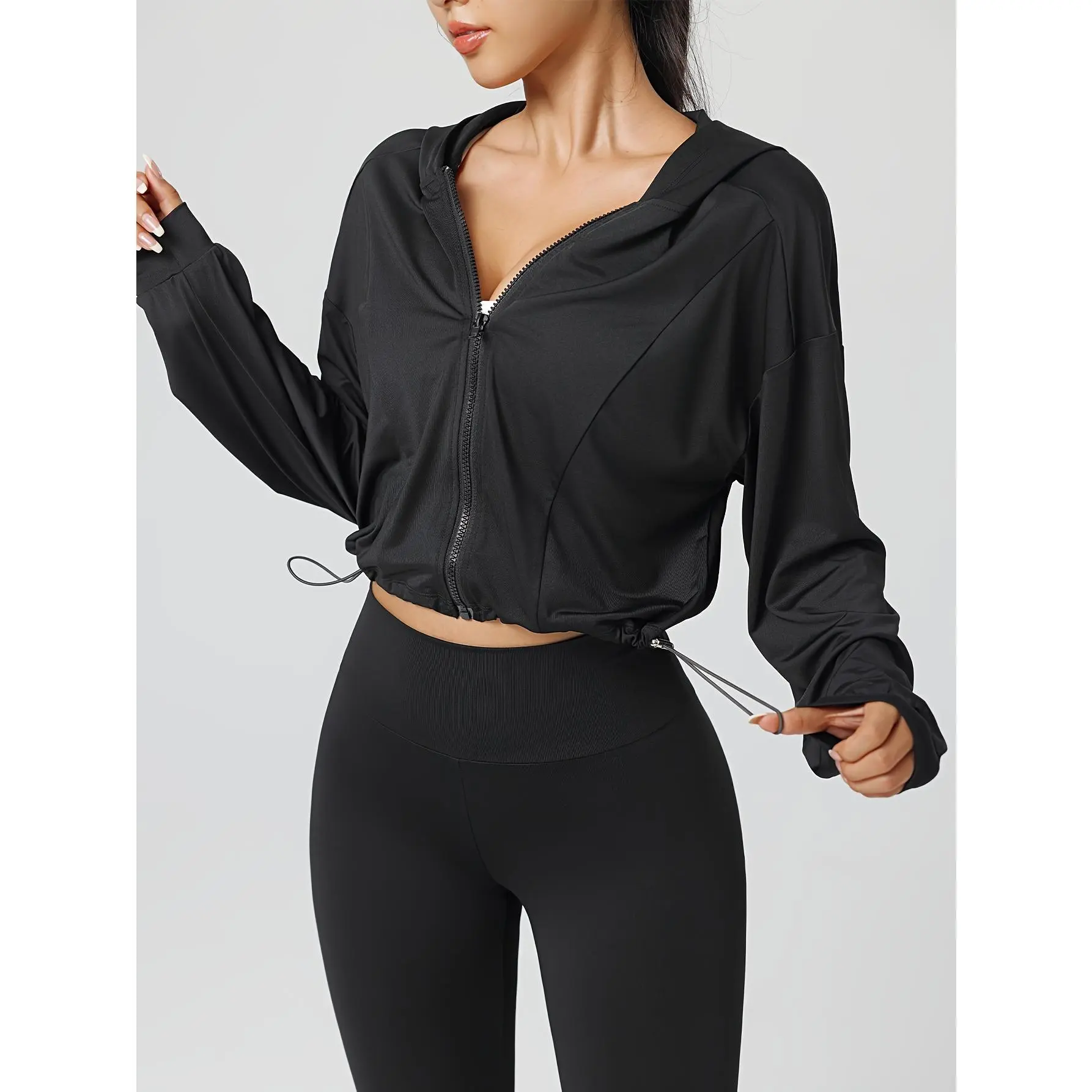 Women'S Drawstring Hem Hooded Athletic Jacket, Casual Short Zip-Up Running Fitness Yoga Jacket