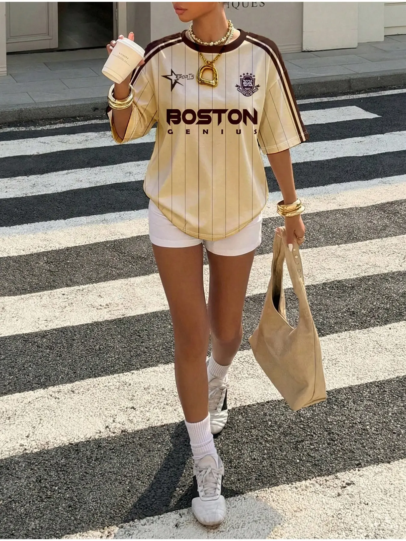 Boston Letter Stripe Short Sleeve T-Shirt, Women's Vintage Sports Jersey, Casual Streetwear Top, Comfortable and Stylish