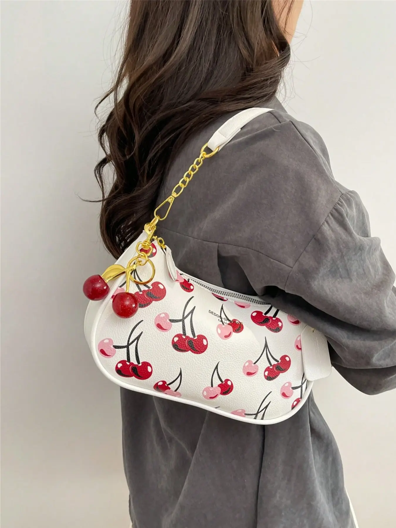2026 New Crescent Moon Shoulder Bag, European and American Style Underarm Handbag, Crossbody Handheld Bag with Cherry/strawberry Print