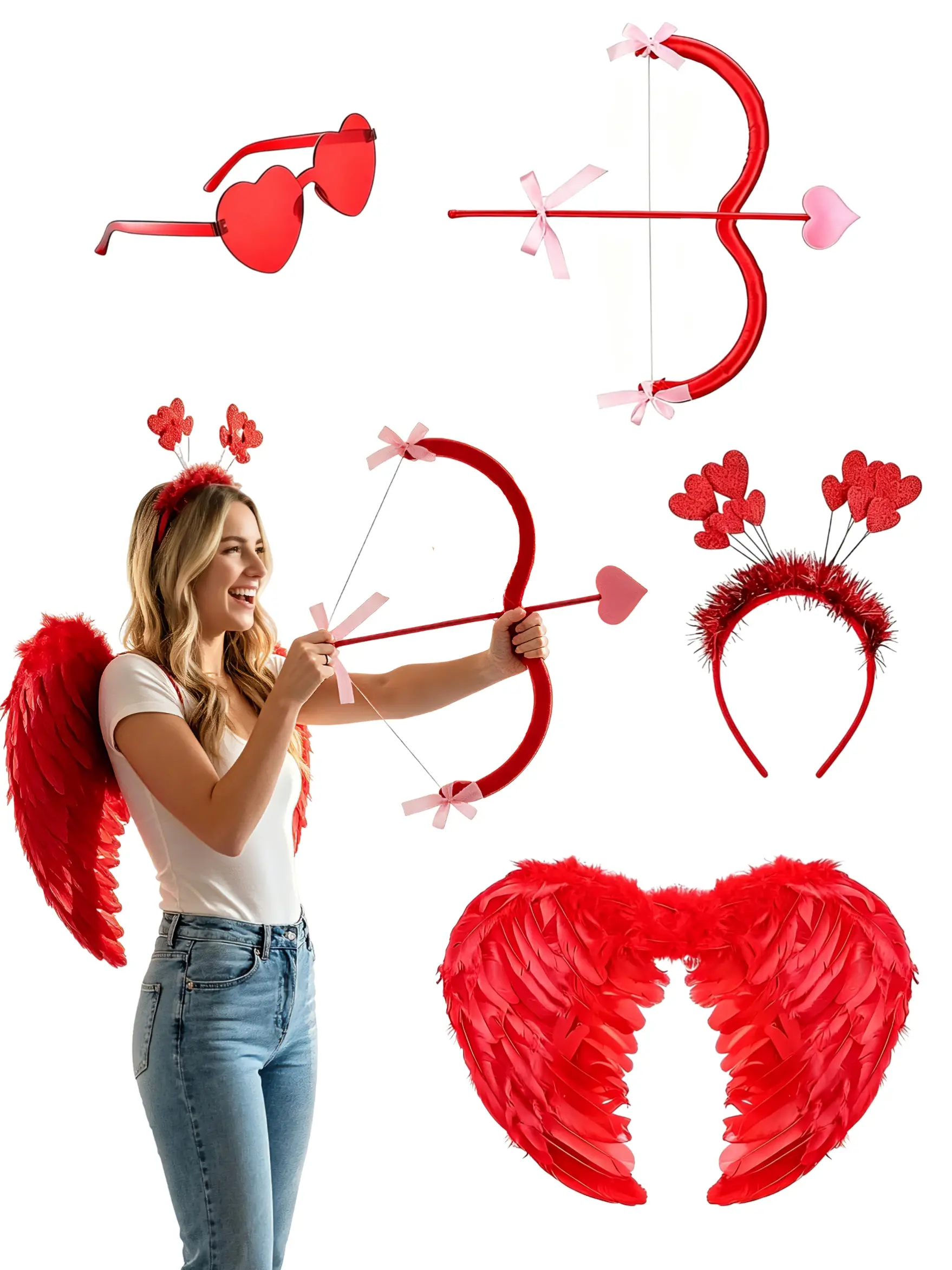 Cupid Costume Set (4 Pieces), Includes Angel Wings, Heart Hairband, Heart Sunglasses, Cupid Bow and Arrow, Perfect for Women's Valentine's Day