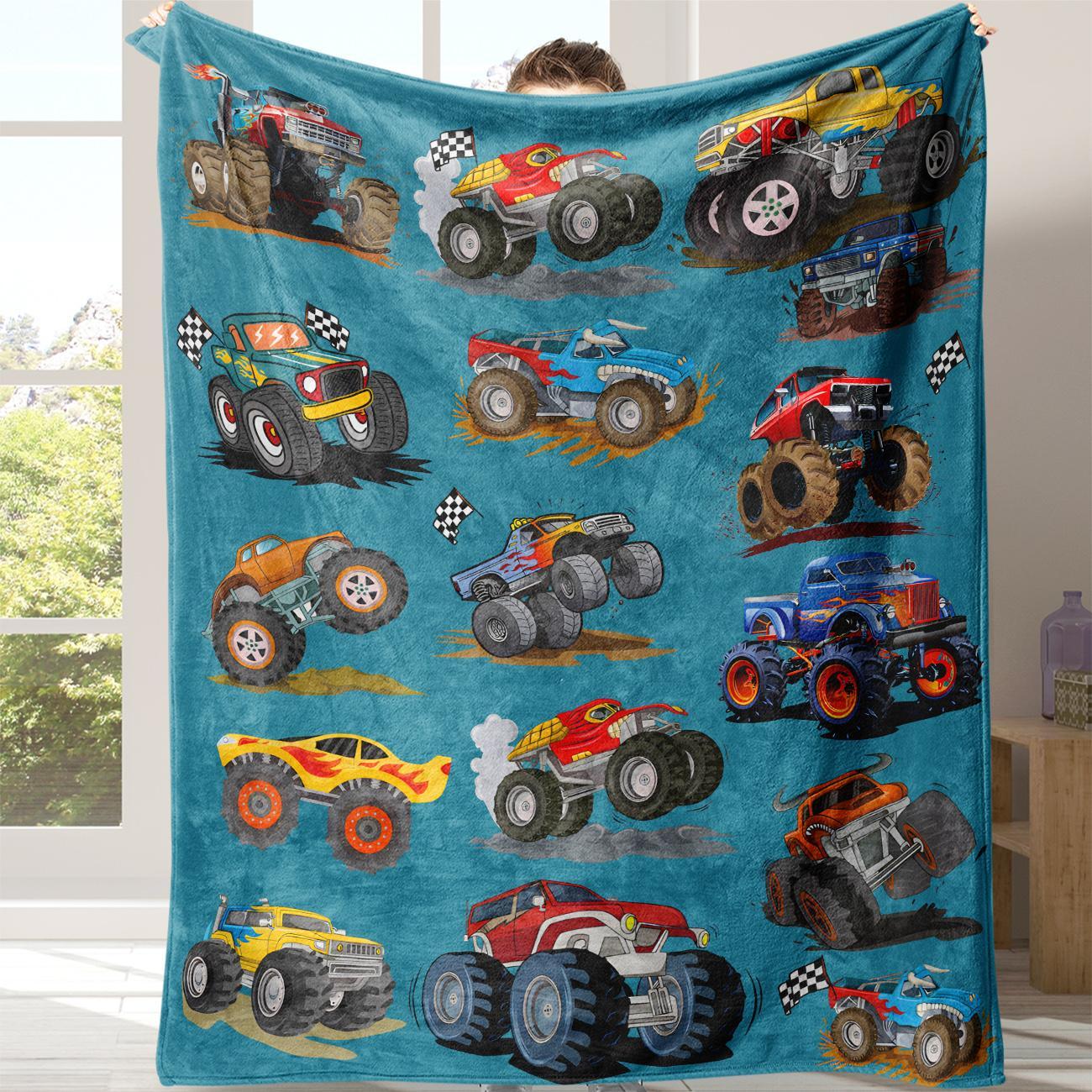 Cartoon Car Print Cozy Plush Blankets, Cartoon pattern blanket, Soft blanket, Warm Napping Blanket with Storage Bag, All Season Blanket, Breathable Comfortable Blanket, Comfy Bedding for Christmas Decor, Home Office Travel