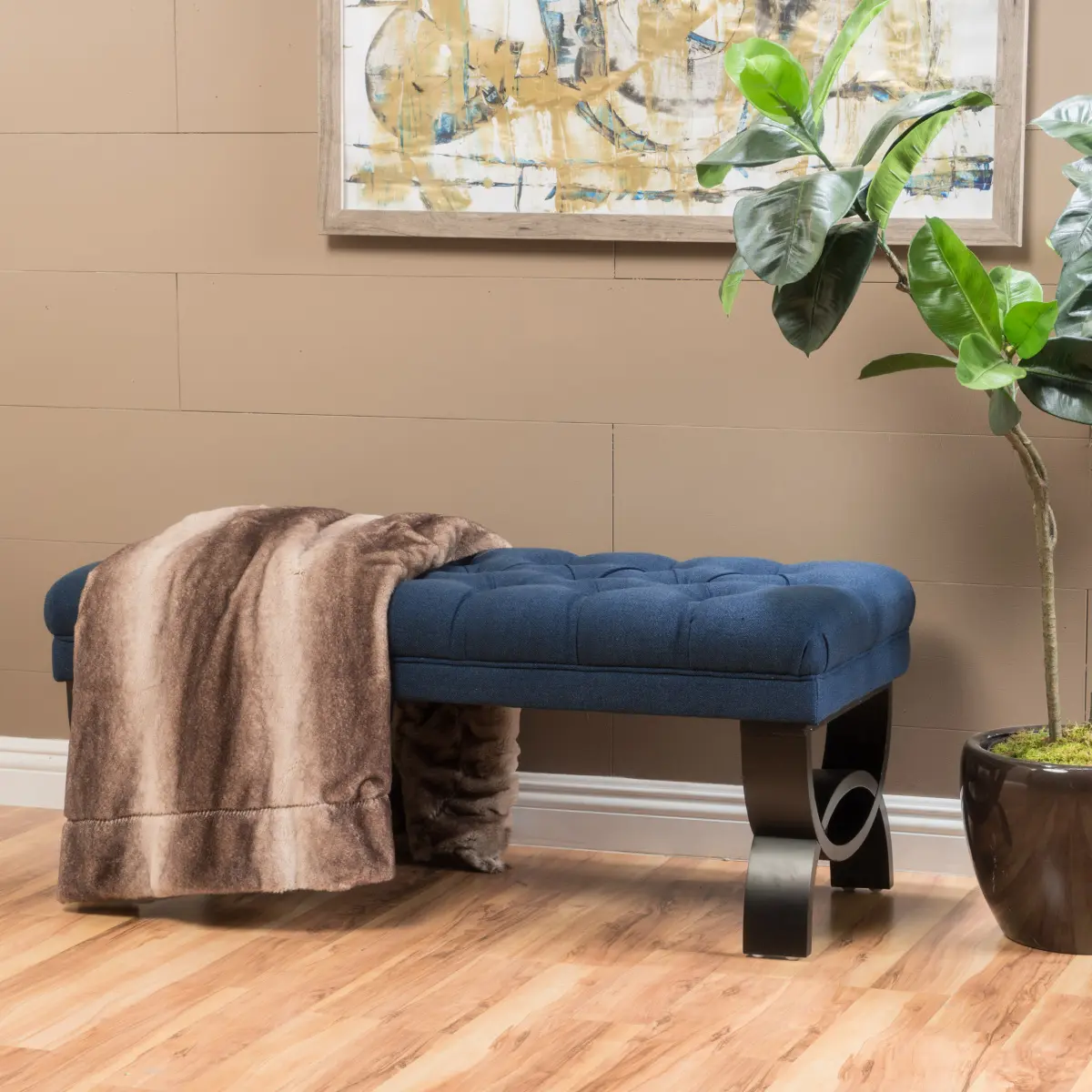 Scarlett Fabric Ottoman Bench, Dark Blue 17.25”D x 41.00”W x 16.75”H