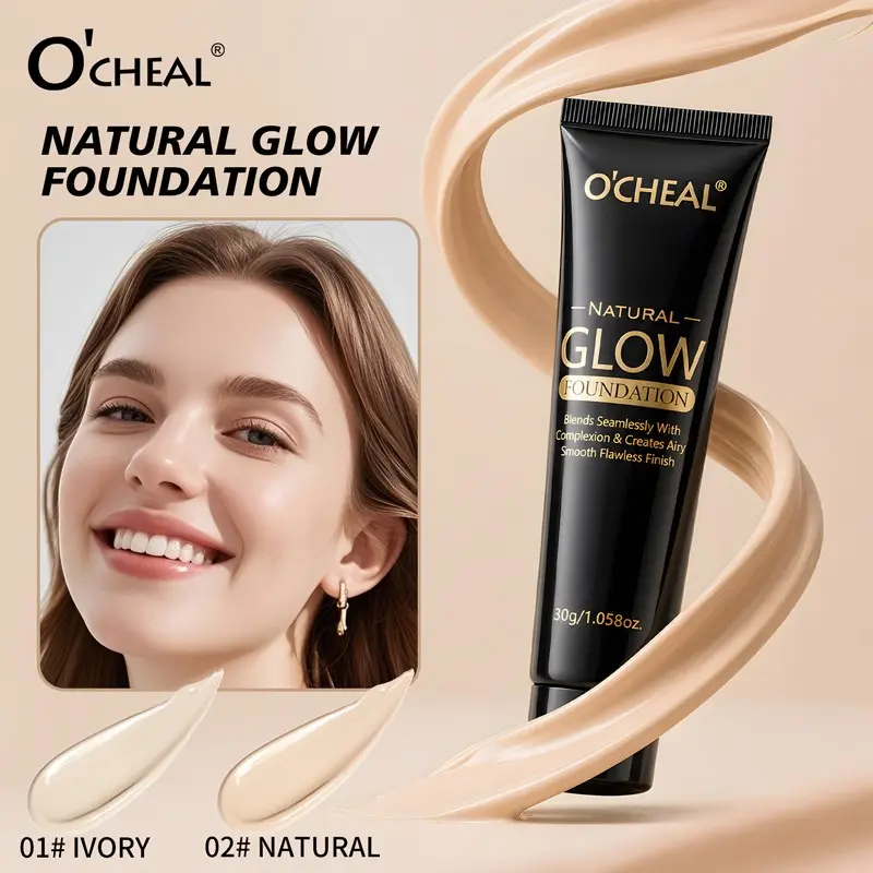 O'CHEAL Natural Glow Liquid Foundation with Flat Makeup Brush, Lightweight Long Lasting High Coverage Flawless Radiant Base Makeup 30g