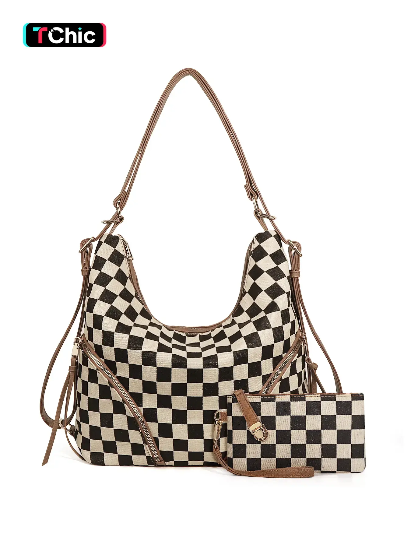 Women's Large Checkered Crossbody Bag Set, Casual Shoulder Bag, PU Fashion Hobo Satchel, Multipurpose 3 in 1 Convertible Backpack, Adjustable Shoulder Strap