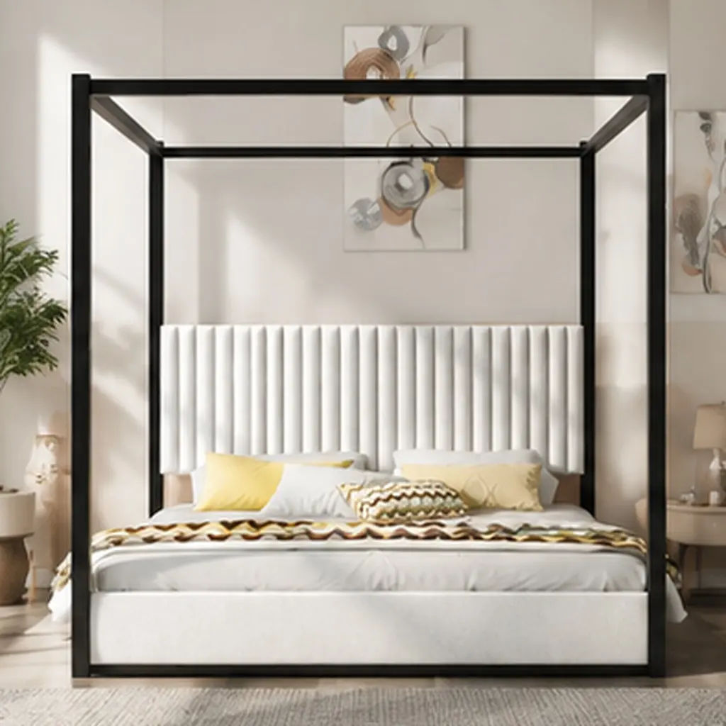 ARCH King Size Upholstered Canopy Platform Bed Frame - Velvet Headboard, Metal Frame, No Box Spring Needed, Black/White Options, for Master Bedroom, 79.3W x 83D x 77.7H in