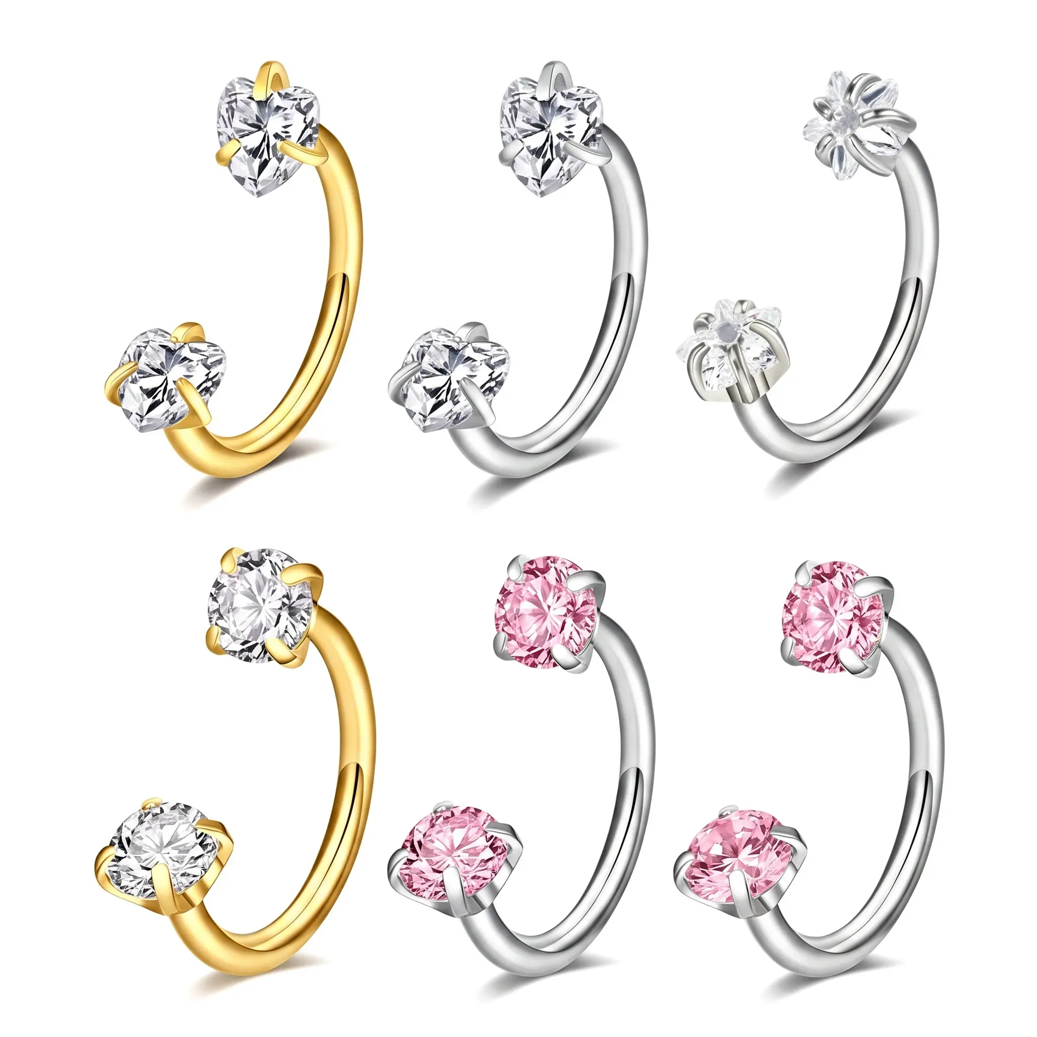C Shaped Nose Ring For Sensitive Skin 316L Stainless Steel Cute C Horseshoe Piercing Jewelry Unisex Lip Earring With Zircon