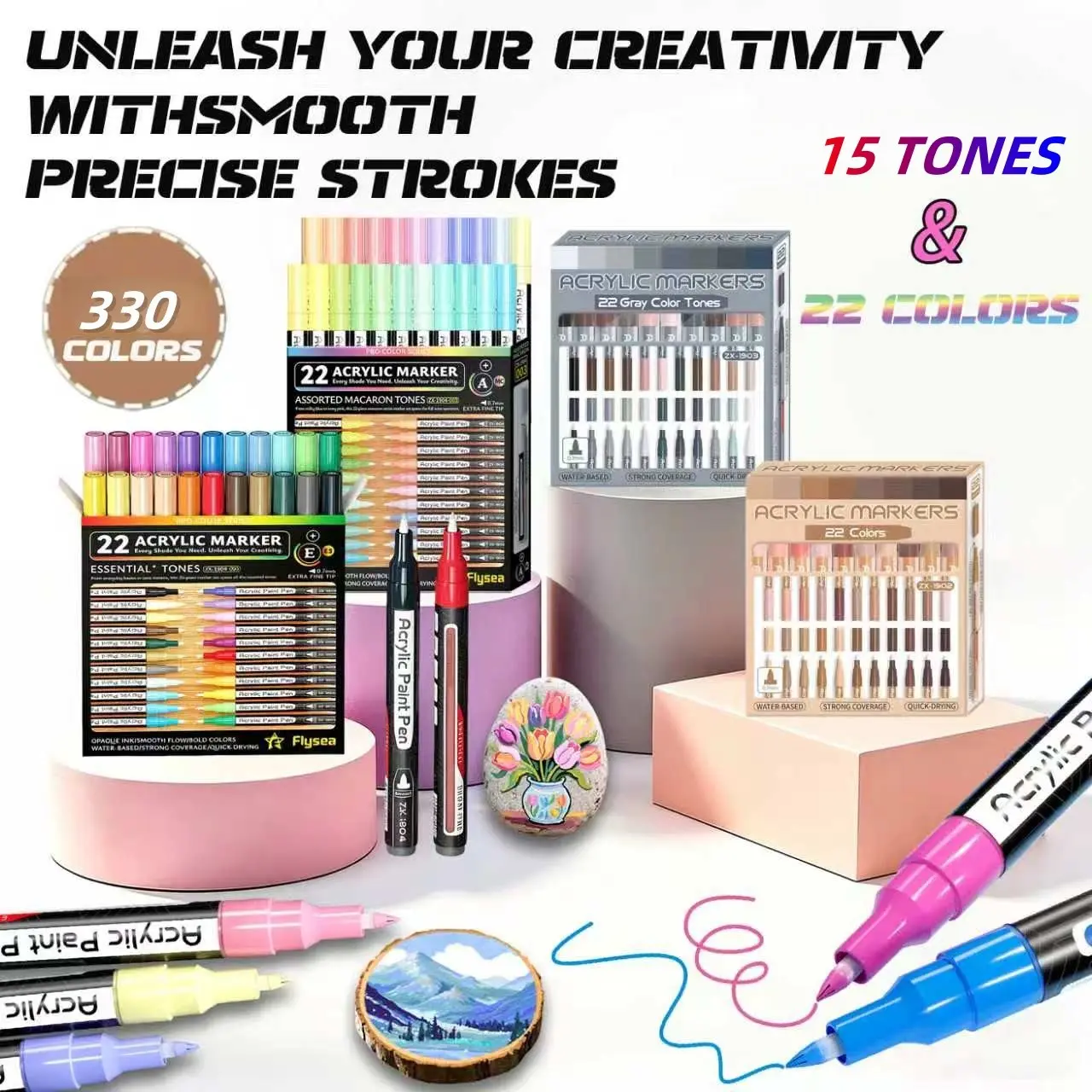 Flysea 22pcs Acrylic Paint Marker Set, Gradient Colors, 0.7mm Fine Tip, Ideal for Detailed Drawing, Quick Dry, Stain Resistant