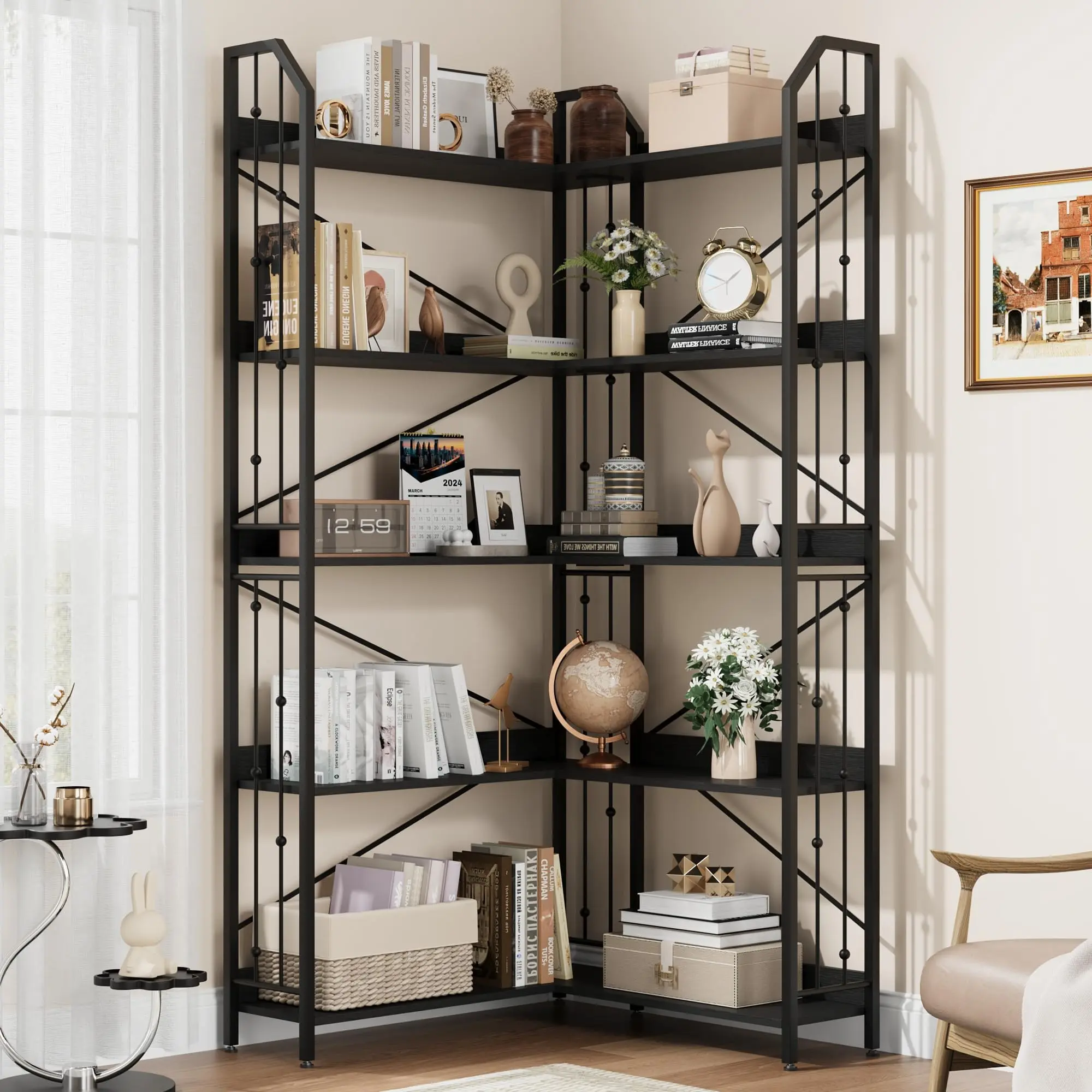Garvee 182cm Corner Bookshelf, L-Shaped 5-Tier Industrial Bookshelf with Bead Decoration, Large Shelf with Anti-Tip Protection for Living Room and Bedroom, Black