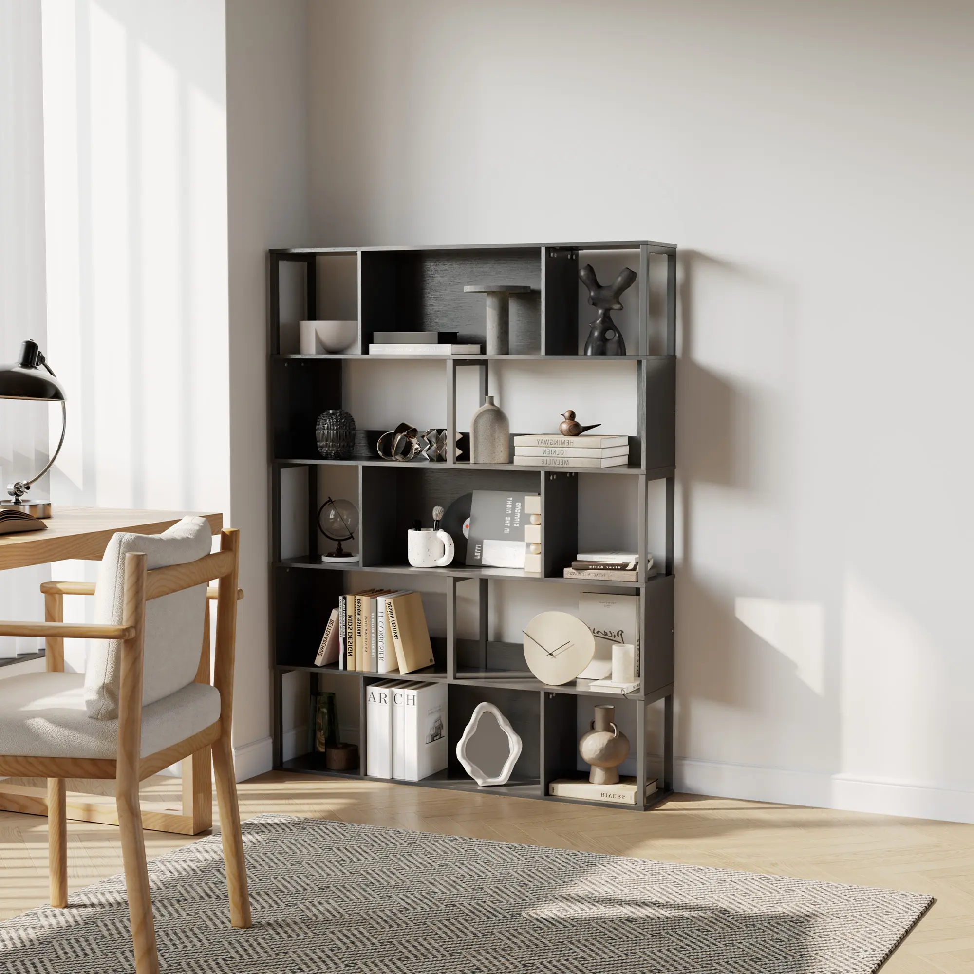 5-Tier Industrial Freestanding Engineered Wood Bookshelf - Tall Geometric Room Divider & Display Shelf with Anti-Tipping Devices for Living Room, Home Office