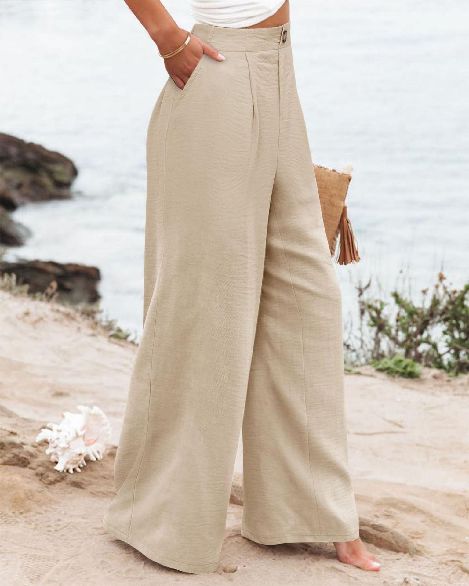 Women's Commuting and Vacation Summer Comfortable High-Waisted Long Pants with Buttons, Elastic Waist, Wide-Leg Casual Straight Pants