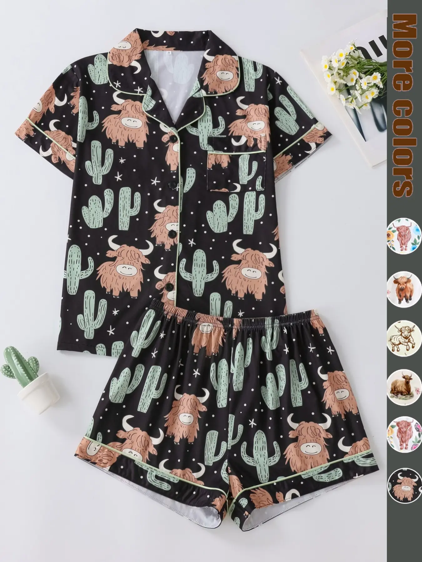 Women's All Over Cartoon Yak & Cactus Print Short Sleeve Pajama Two-Piece Set, Pajamas Lounge Set, Comfy Button Front Chest Pocket Design Lapel Neck Top & Elastic Waist Shorts PJ Set, Ladies Sleepwear for All Seasons