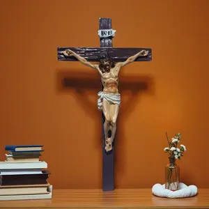 Vintage Painted Jesus Cross Sculpture, Home Desktop Altar Wall Decor, Catholic Christian Faith Keepsake Gift, Religious Art Piece