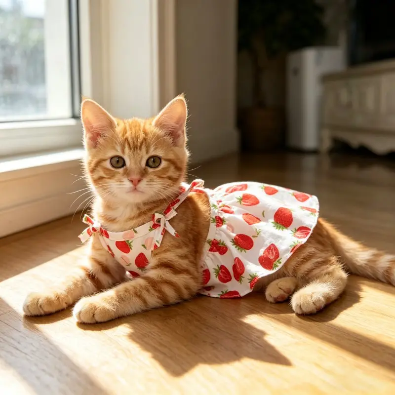 Cute Strawberry Pattern Pet Dress, Breathable Sleeveless Summer, Bow Decoration, Ideal for Small Dogs and Cats, Kitten Clothes