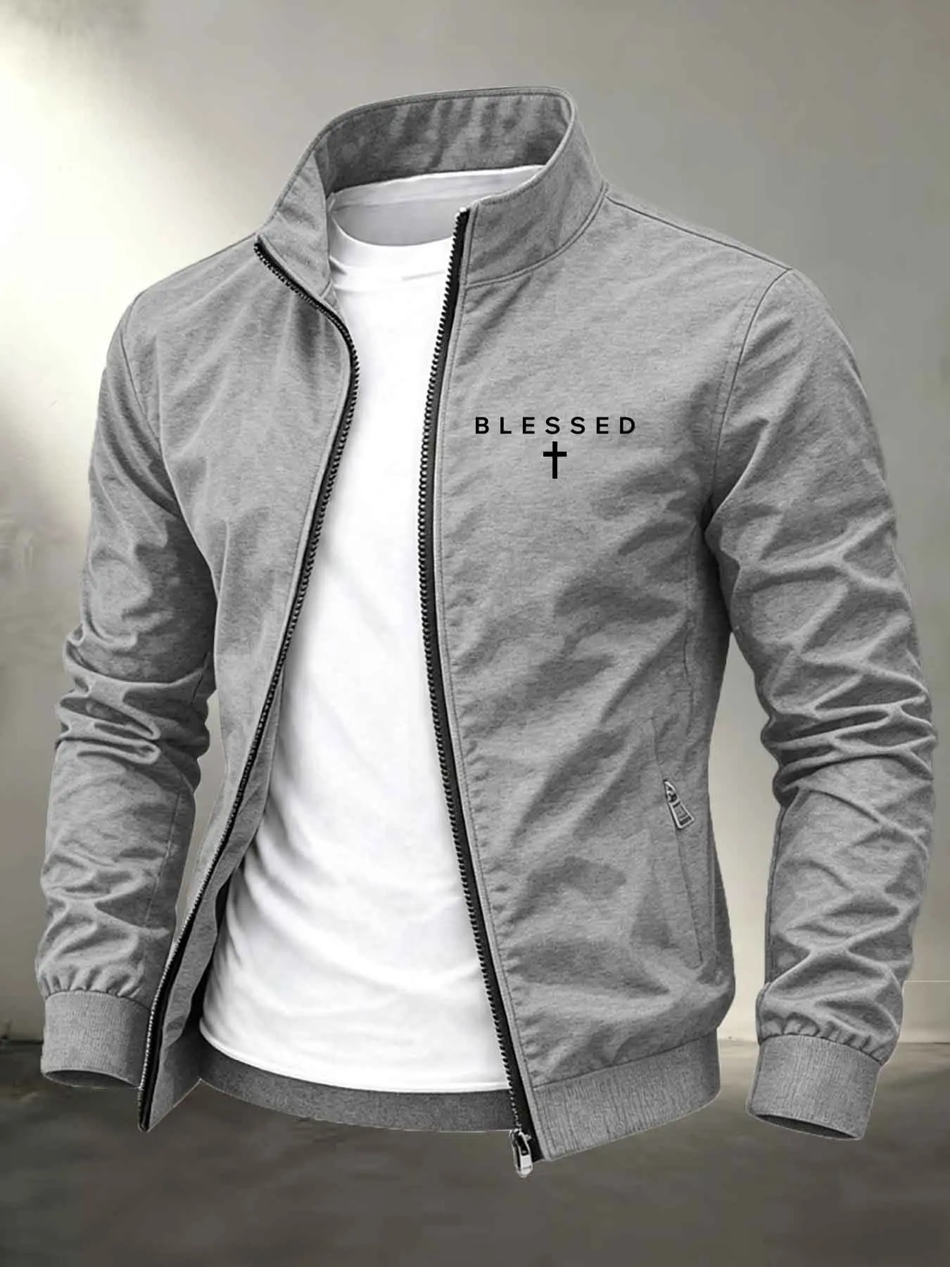 Men's Stand Collar Zip Up Lightweight Long Sleeve Windbreaker Jacket, Pockets, Minimalist BLESSED Cross Letter Graphic Print Christian Faith Casual Street Fashion Outerwear, Rib Cuff Daily Coat #BlessedCrossJacket #ChristianStreetwear