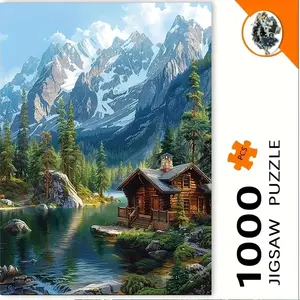 F&F 1000 Piece Puzzle Lakeside Wooden House, Surrounded by Forest, Snow-Capped Mountains. Adult Puzzle Portable Cube Art Decoration, Perfect Choice for Frameless DIY Enthusiasts, Ideal Gift for Birthdays, Christmas, Halloween, Thanksgiving, Paper Puzzle,
