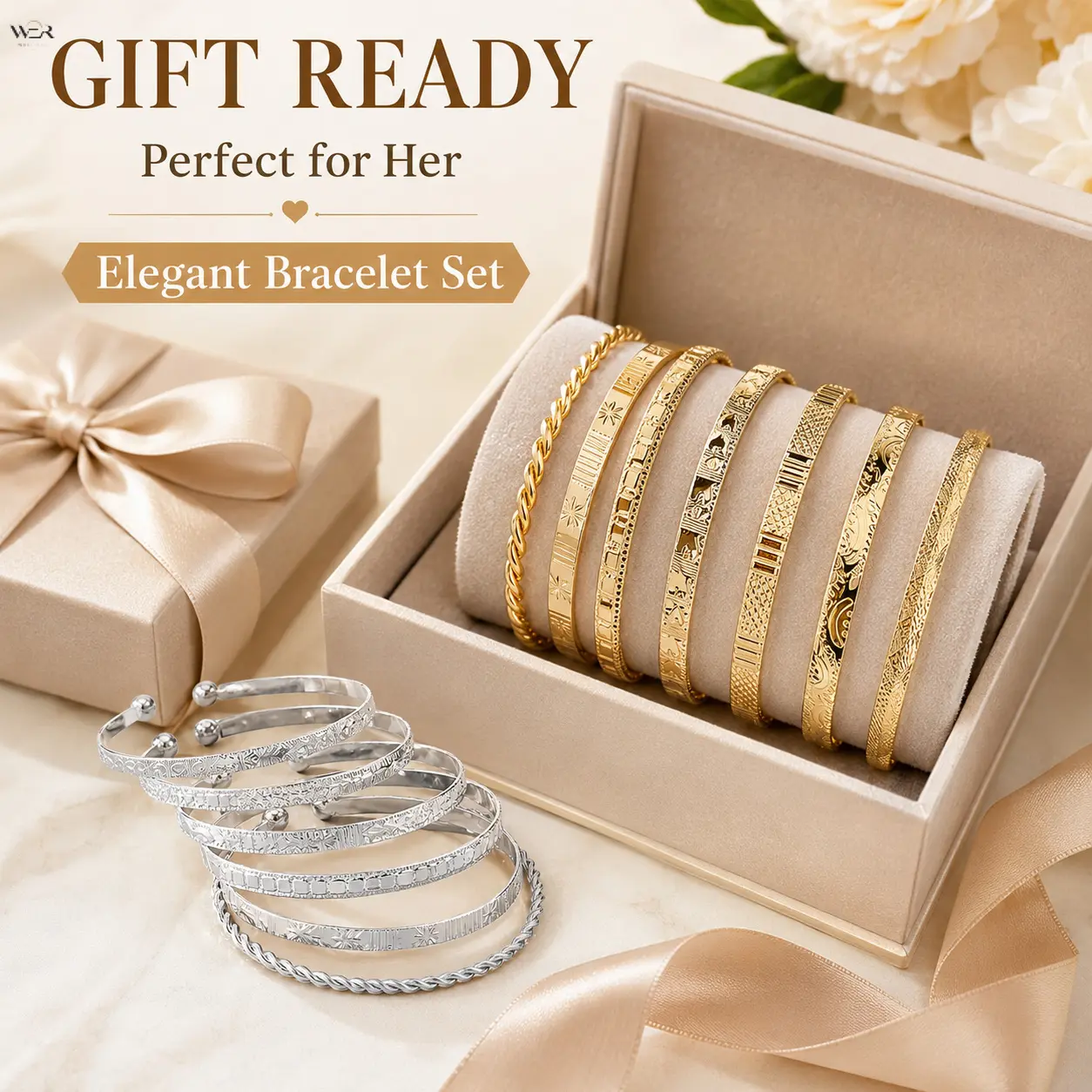 7-Piece Multilayered Bangles Set for Women, Adjustable Mixed Metal Jewelry with Engraved Open Cuffs, Stackable Bracelet for Fashion Matching, Adjustable Stack Bracelets
