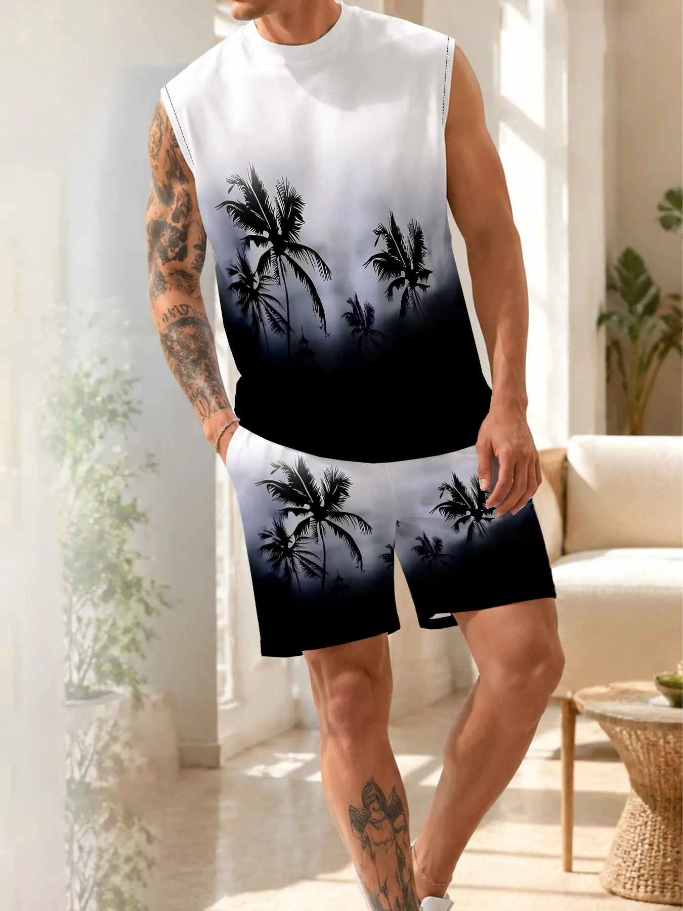 Men's Gradient Ombre Tropical Palm Tree Print Sleeveless Set, Summer Beach Vacation Fashion, Casual Fitted Camisole, All Seasons Wear, Vibe