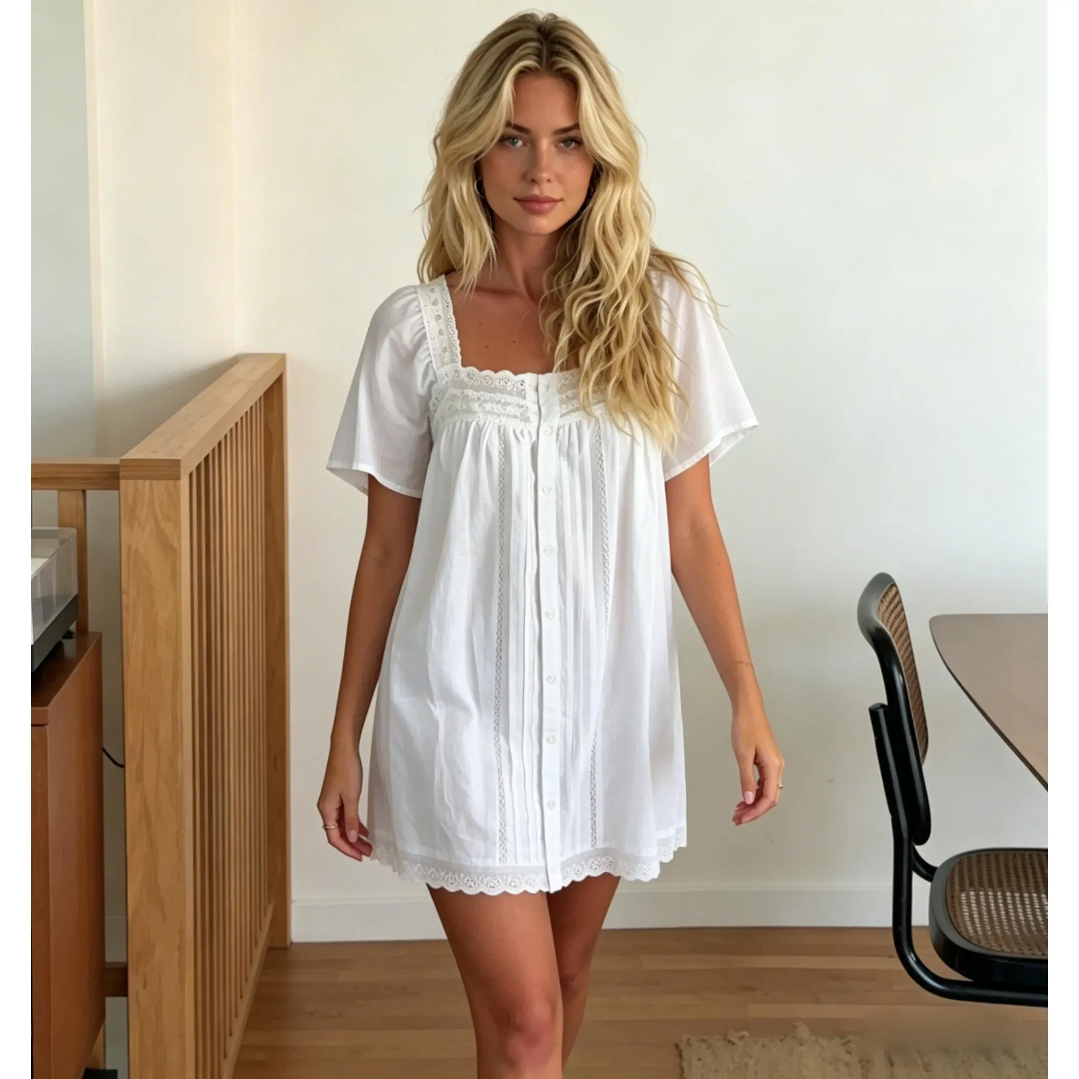 Women's Solid Color Babydoll Mini Dress, Summer Short Sleeve Lace Trim Dress for Dating Vacation Casual Daily Wear