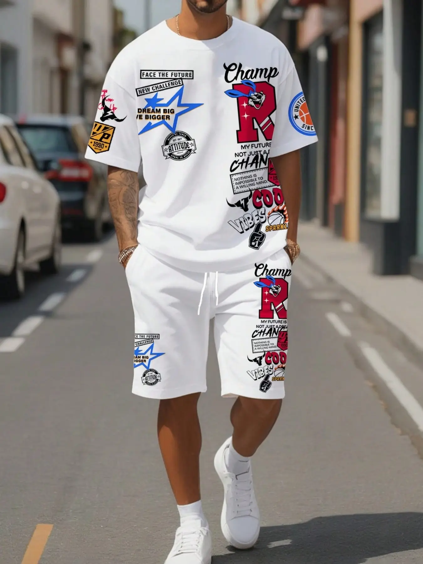 Sorvial Men's Classic Letter Print Round Neck Short Sleeve Tee and Shorts Set, Matching Outfits Set, Menswear Casual Slim-Fitting Knee-Length for All Seasons
