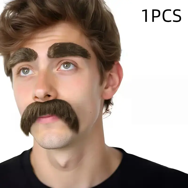 Reusable Self-Adhesive Fake Mustache and Eyebrow Set, Halloween Party Makeup Cosplay Props, False Raspberries for Adults, Man
