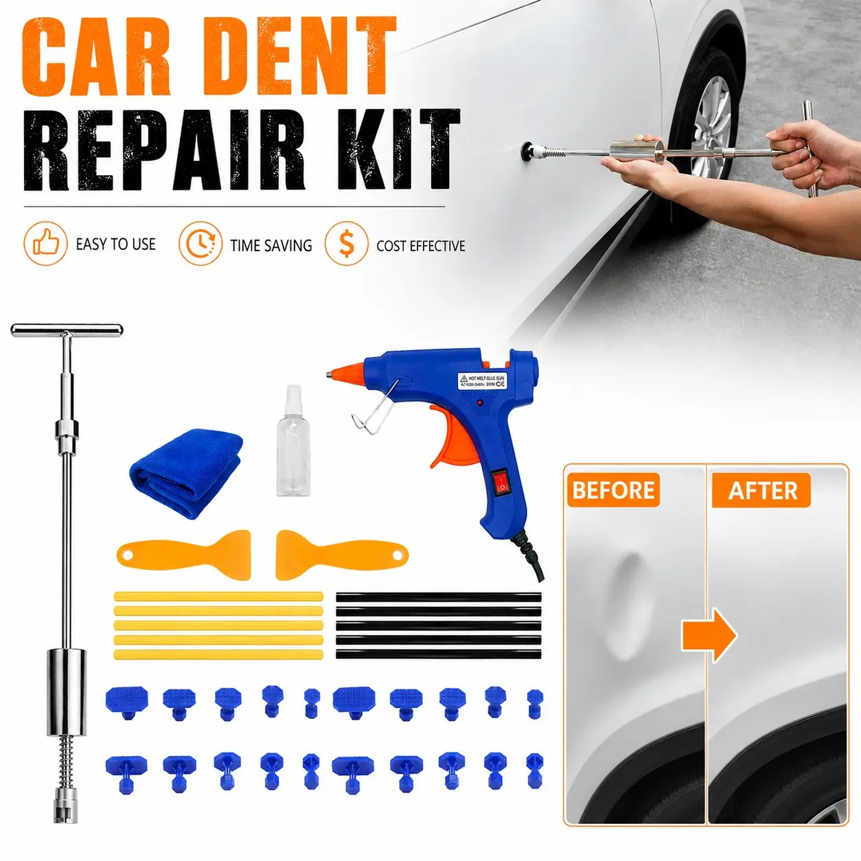 Car Dent Repair Kit, Long T-Handle Puller, Maintenance Accessories Set, Us Glue Gun, for Body, Door Dents, Minor Metal Damage Fix, Dent Remover Tool For Car, Automotive Maintenance Tools, Auto Repair Supplies