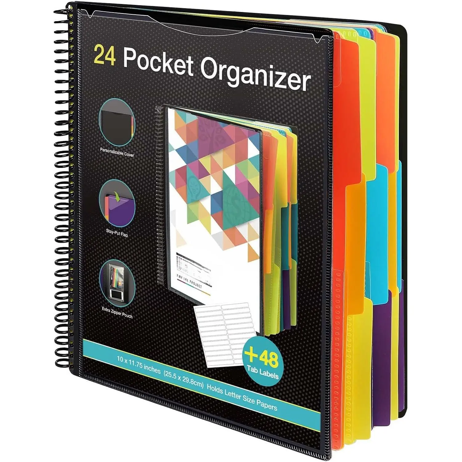 Black 12-Pocket Project Organizer, Letter Size Spiral Binder with Multiple Pockets