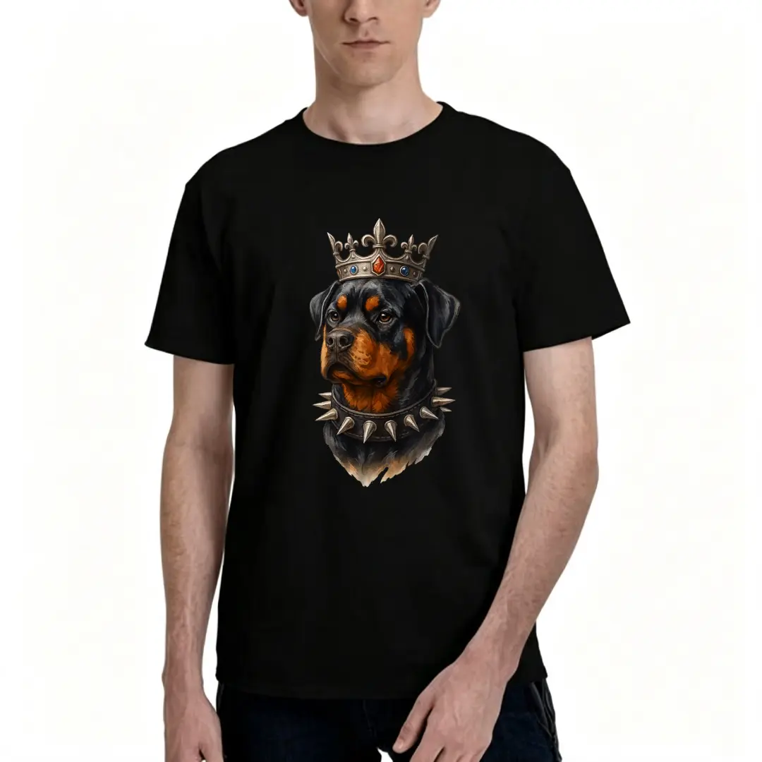 Streetwear, T-Shirt, Royal Rottweiler Dog With Crown And Spiked Collar Graphic, 100% Cotton Round Neck Short Sleeve, Daily Casual Wear, Black, S-5XL