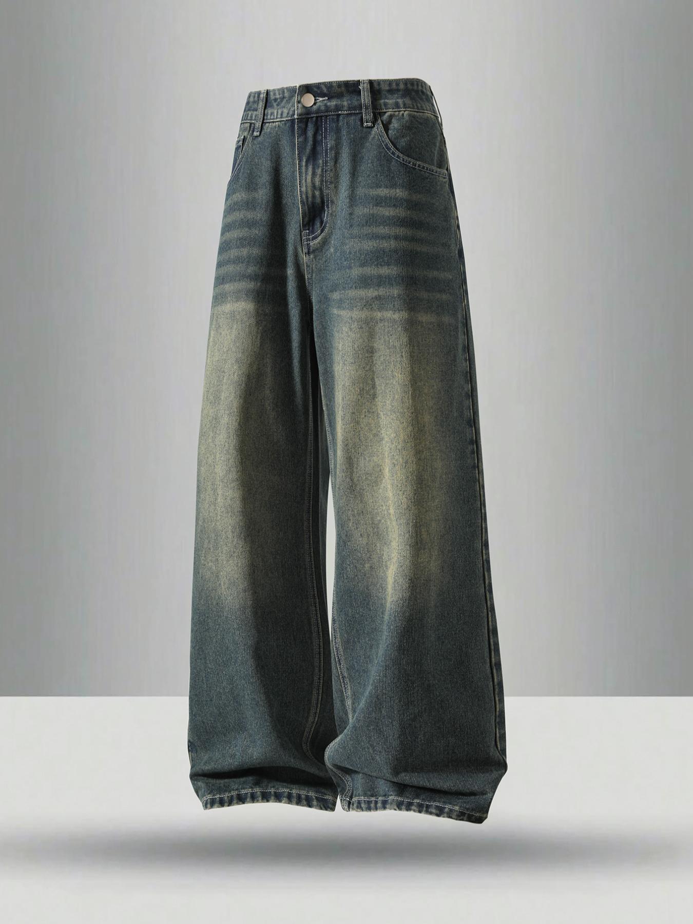 Men's Vintage Washed Medium Wash Denim Jeans Pants Pocket, Simple Basic Classic Casual Loose-Fit Style, American Trend Fashion Streetwear, Cotton Fabric, All Seasons Wear, Menswear