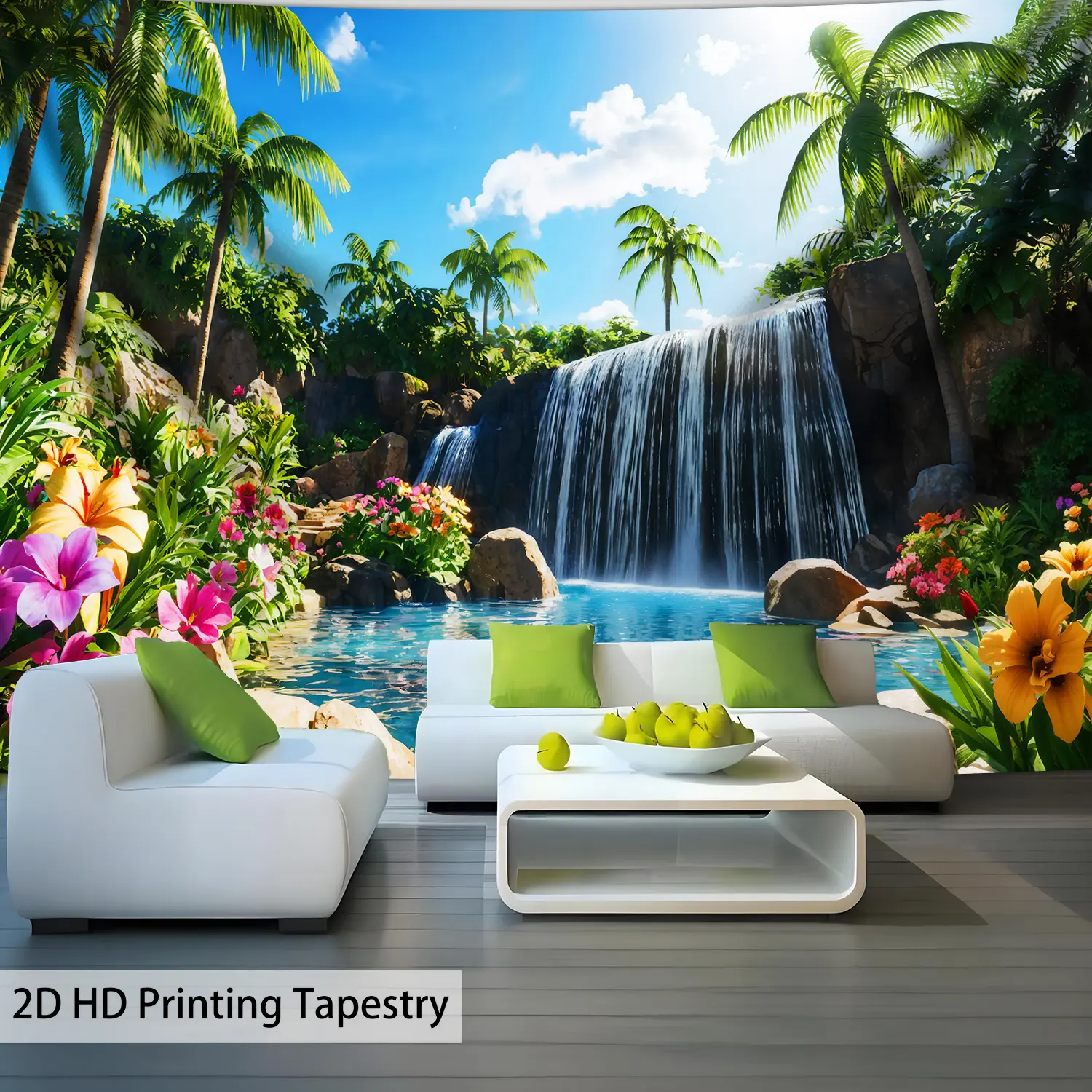 1 Piece Extra-Large Tropical Rainforest Waterfall Print Palm Tree Wall Tapestry - Home Supplies Backdrop, Durable Digital Print Synthetic Polyester Fabric, Wrinkle Resistant, Hand-Sewn Edges, Hangable Clips Included, Ideal for Living Room Decoration