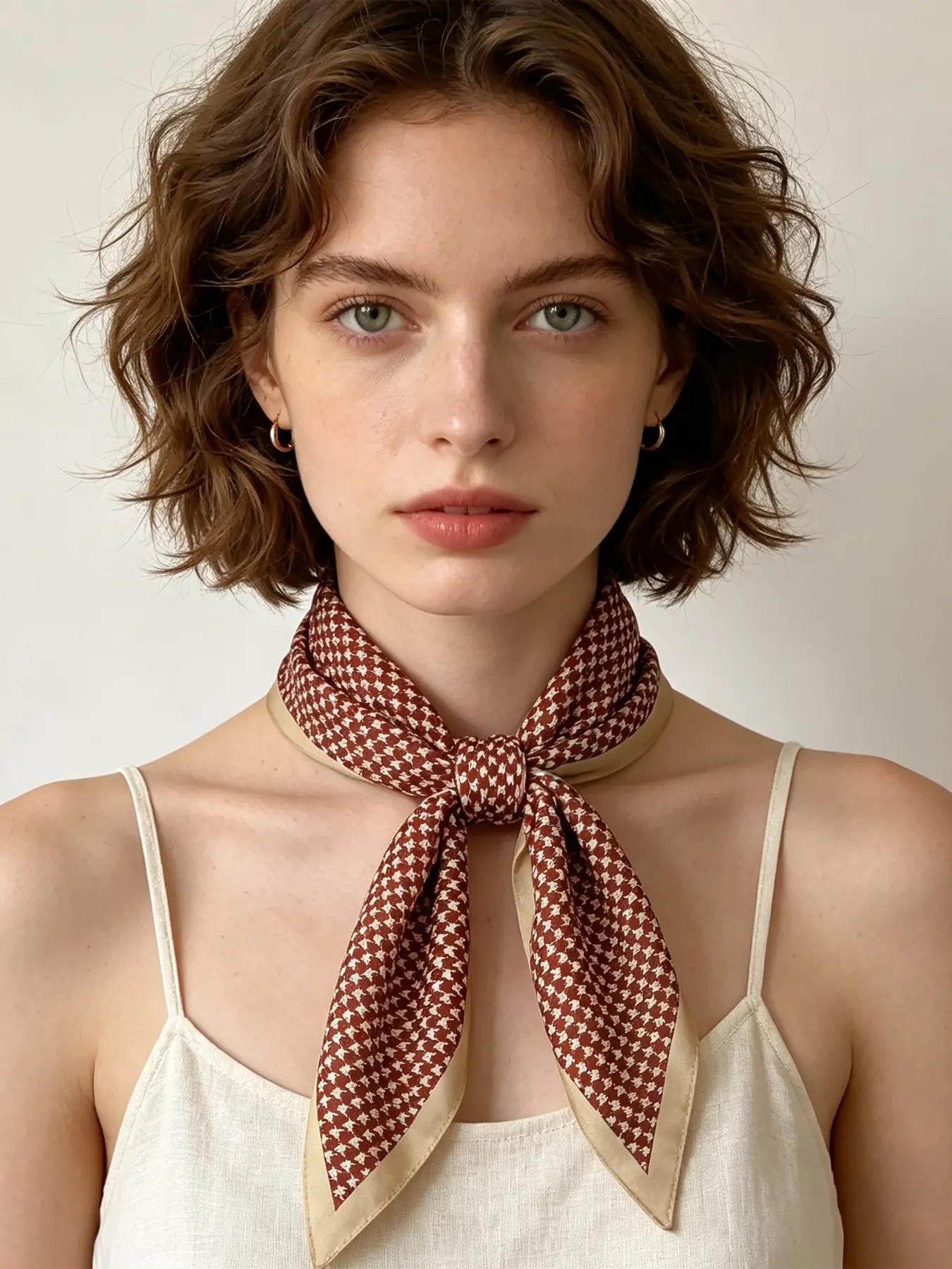Houndstooth Print Satin Border Triangle Scarf, Elegant Silk Feel Neck Bandana, French Style Necktie for Blazer Trench Coat