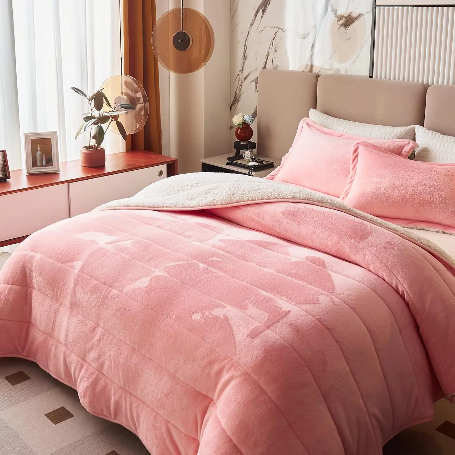 3-Layer Luxury Flannel Fleece Thick Bed Blanket  Size Blush  for Girls, Soft Plush  Sherpa Blanket with 2 Pillow Shams Heavy Warm for Winter, Breathable n Washable,