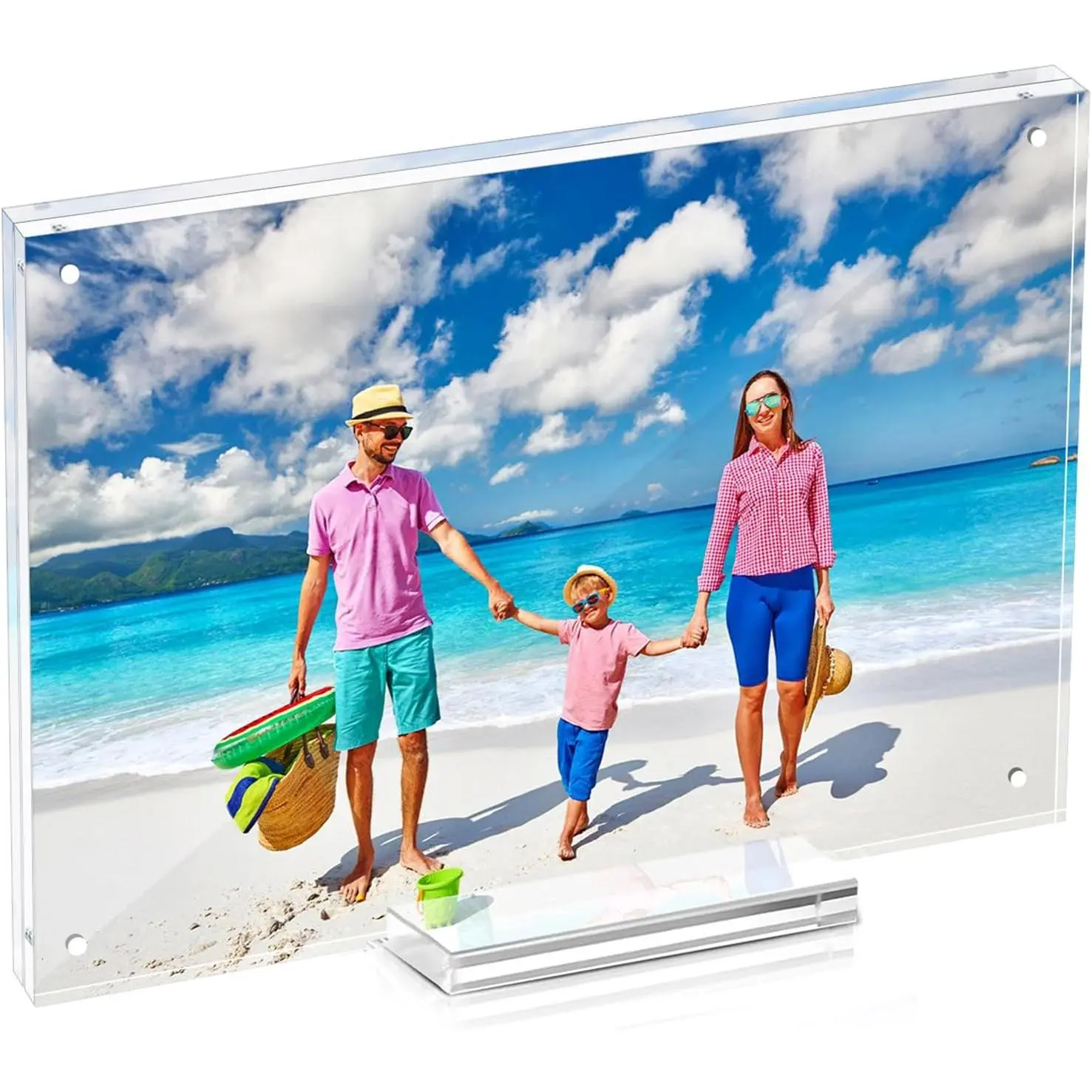 6x8 Magnetic Acrylic Picture Frame Clear Double Sided Frame with Base Frameless Floating Lucite Photo Frame Stands on Desk Table Horizontally or Vertically