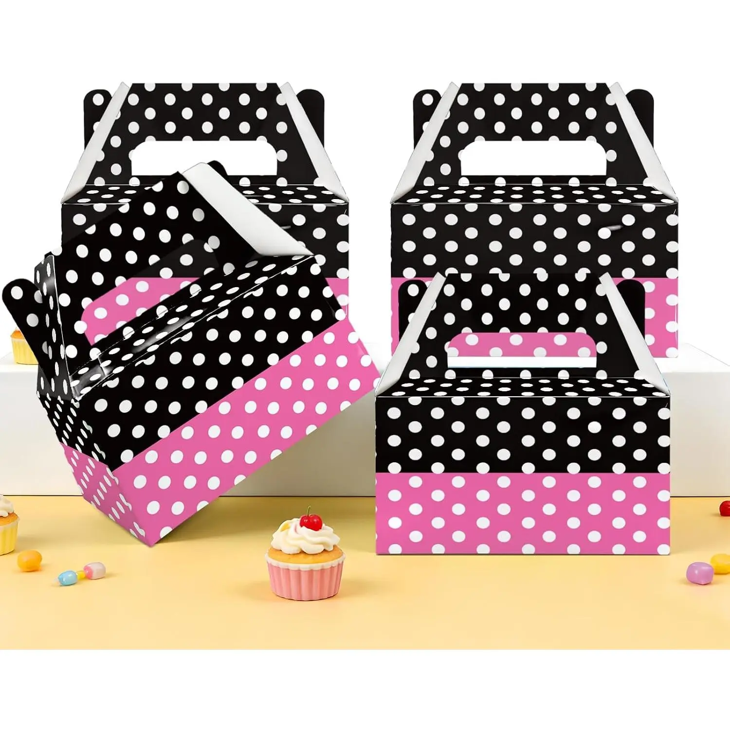 Pink & Black Polka Dot Party Favor Boxes with Printed Bow -12 Pack |   Premium Paper Candy Treat Boxes with Handles for Girls Birthday, Baby Shower, Kids Event Goodie Bags & Theme Party Decor