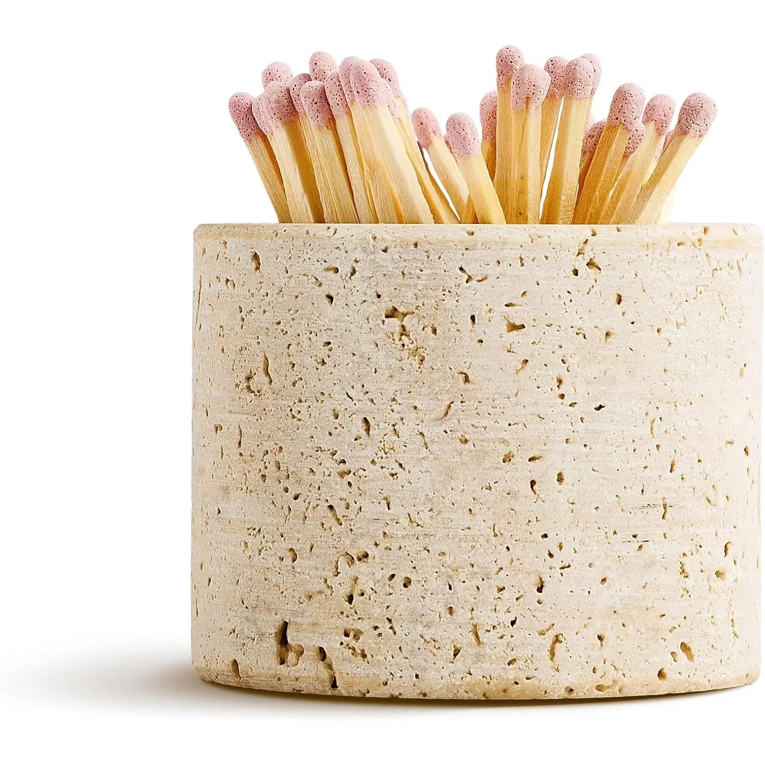 Travertine Stone Match Holder with Striker & Extra Striker Pad 2.6" x 2" Decorative Matchstick Organizer for Fireplace Candles Parlor Cute Match Jar for Home Decor Gift Matches Not Included