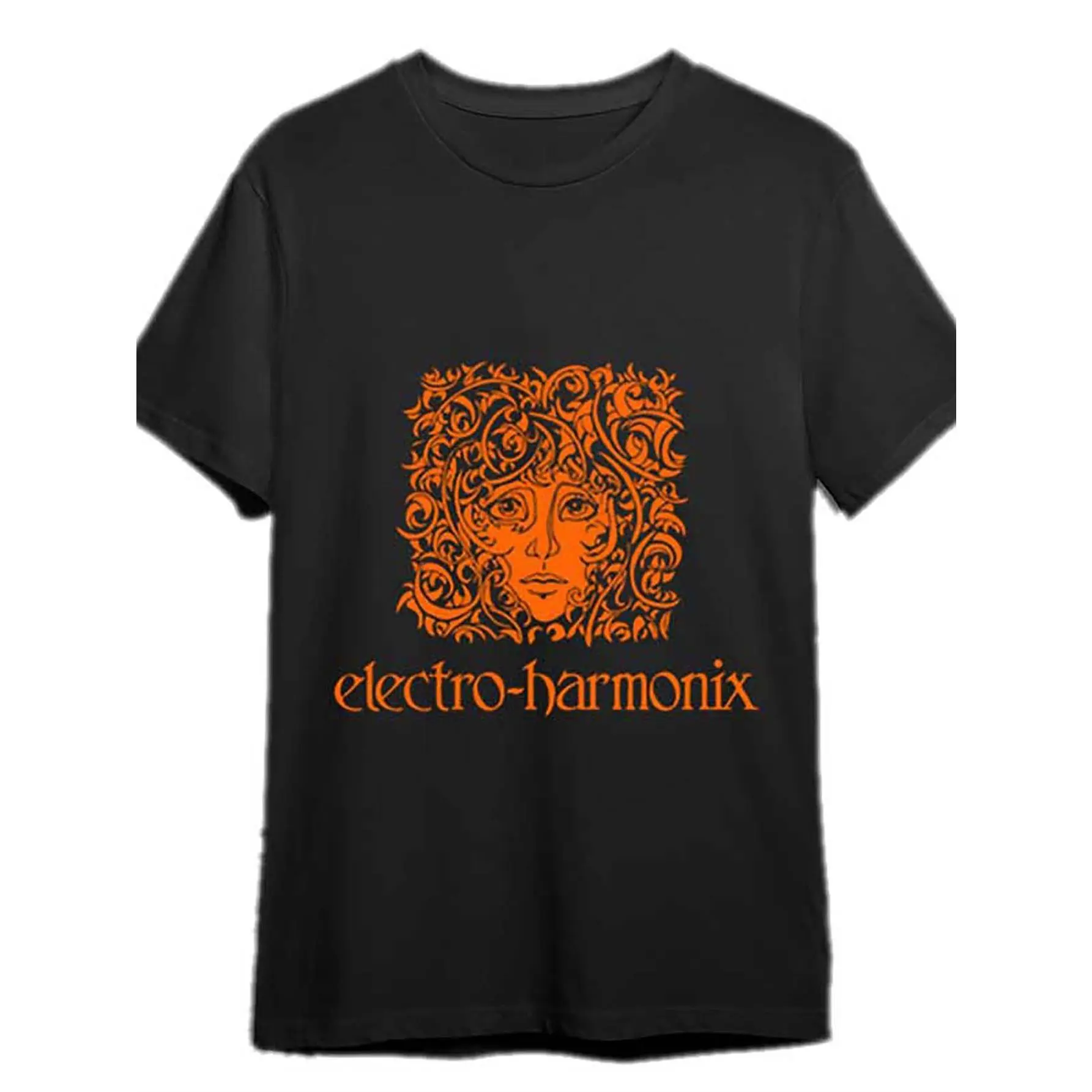 Electro Harmonix Men's Music-Themed T-Shirt - Iconic Logo & Soundwave/ Amplifier Face Graphic, Casual Short Sleeve Round Neck Tee for Guitarists & Musicians, All-Season Fit (Black with Orange Branding)